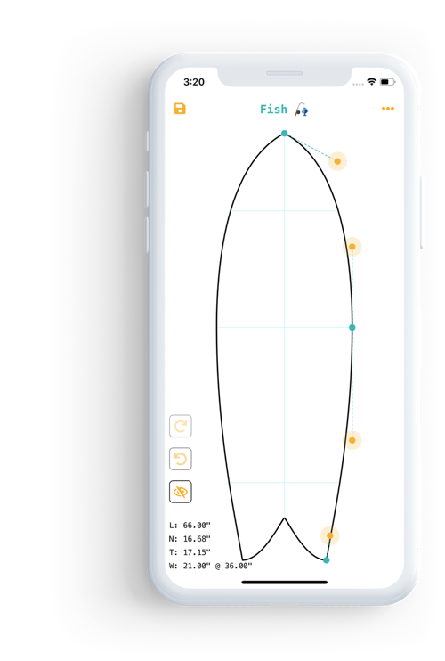 The iShaper companion iOS app open on an iPhone with a surfboard outline and editable control points.